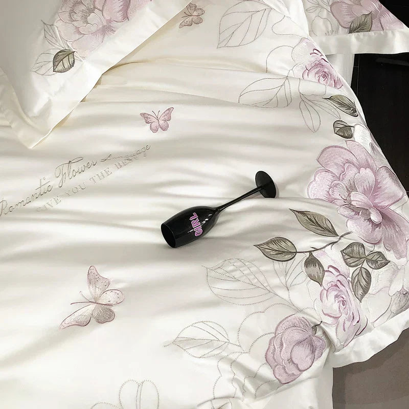 DecorBites™ Butterfly Flowers Embroidery 600TC Egyptian Cotton Bedding Set: Duvet Cover, Bed Sheet, Pillowcases