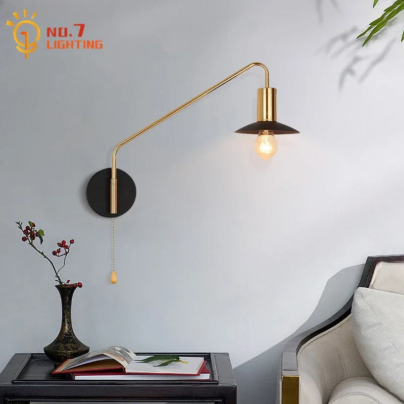 DecorBites™ Black/Gold Swing Arm Wall Lamp LED E27 Bedroom Reading Cafe Luxury