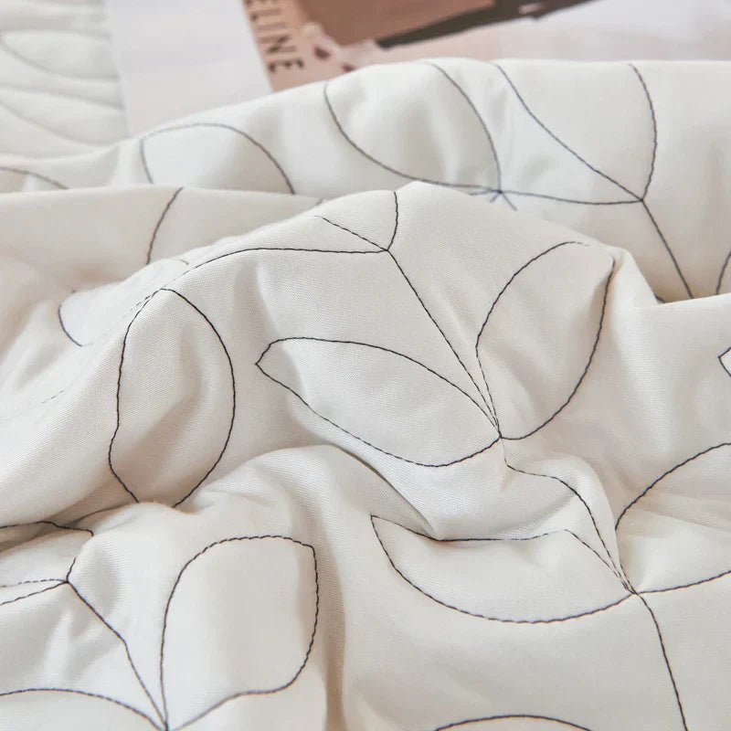 DecorBites™ Leaf Embroidery Double Layer Lace Ruffles Quilt Set with Bedspread & Pillowcases