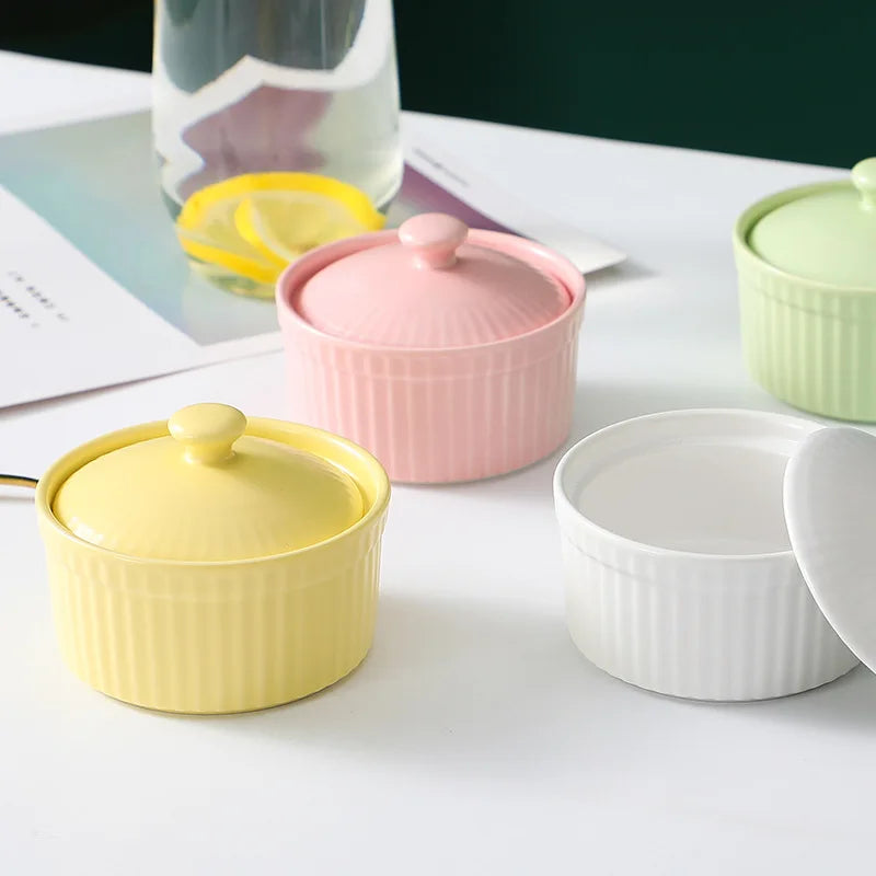DecorBites™ Ceramic Dessert Bowl with Cover, Small Porcelain Soup Bowl, Cake Baking Mold