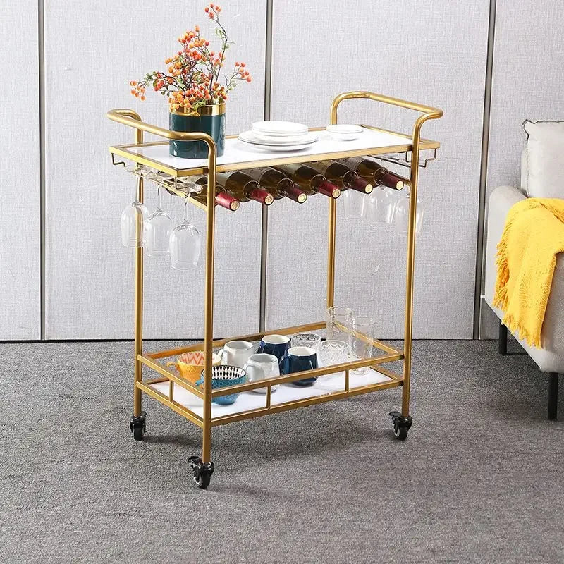 DecorBites™ Drinks Trolley with Wine Rack, Glass Holder, Cup Holder, 2 Racks - Black Gold