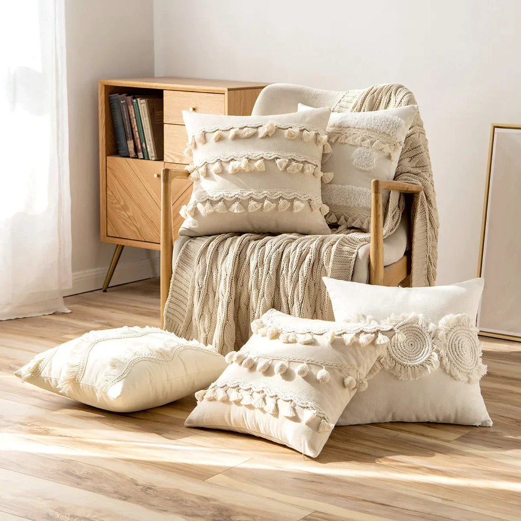 DecorBites™ Ivory Cushion Cover with Pompom Tassels - Home Decor for Living Room Sofa Booth