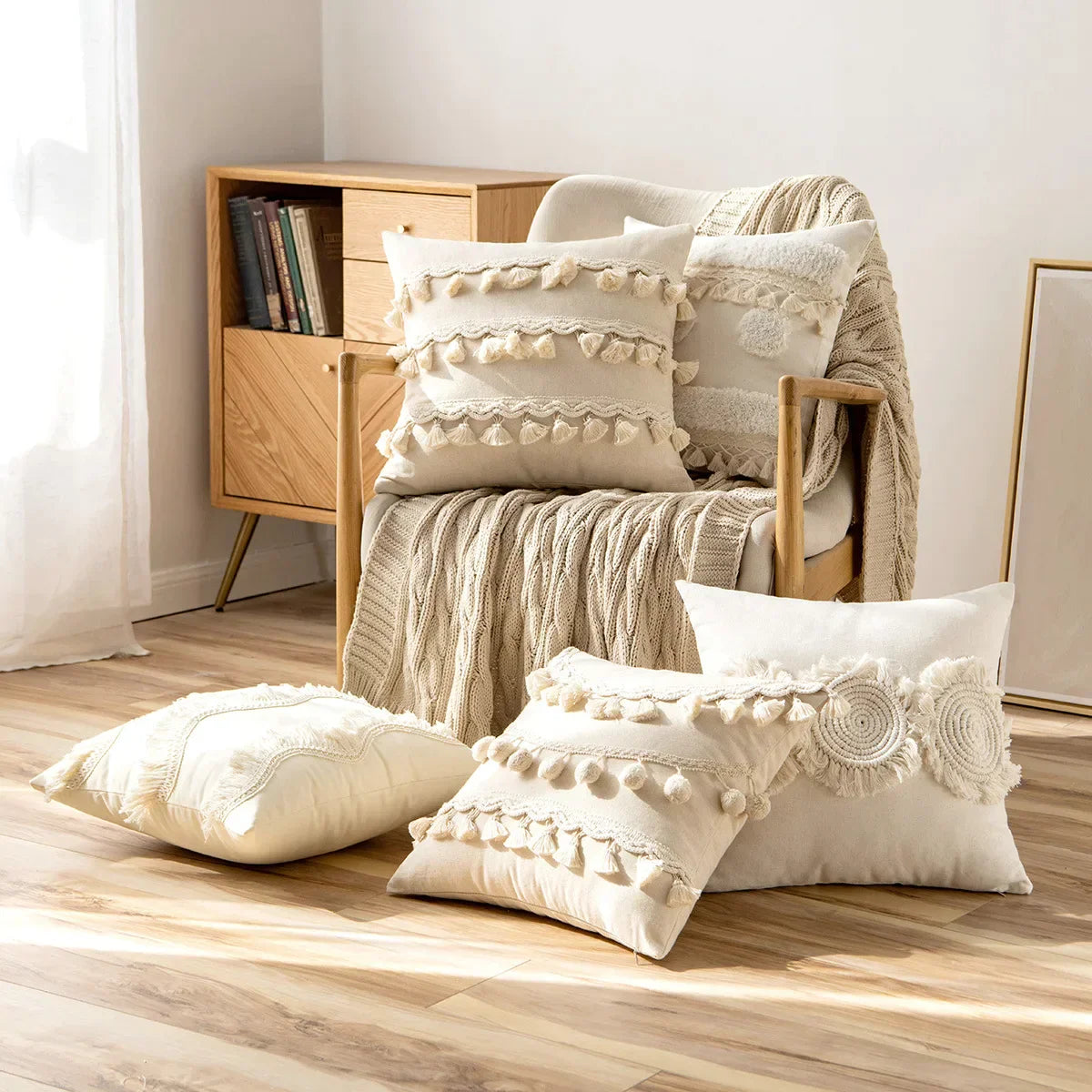 DecorBites™ Ivory Cushion Cover with Pompom Tassels - Home Decor for Living Room Sofa Booth