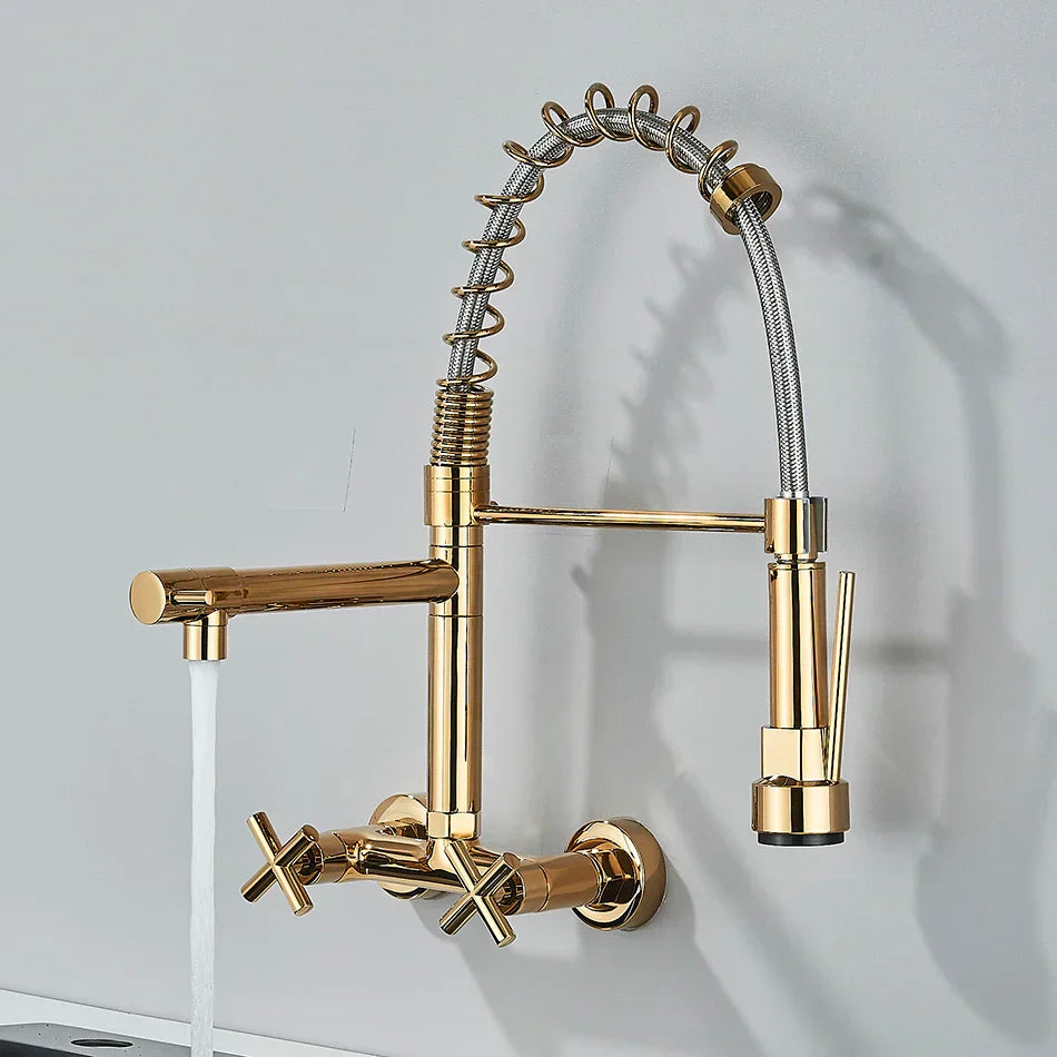 DecorBites™ Gold Black Kitchen Faucet Wall Mount Pull Down Tap Dual Swivel Spouts