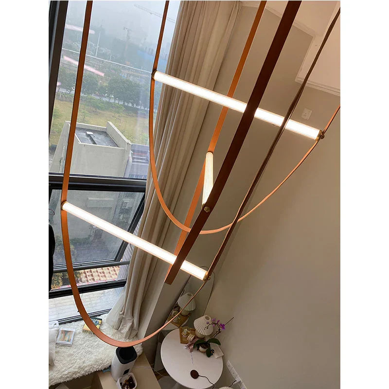 DecorBites™ Leather Belt Chandelier: Modern Glass Tube Designer Lighting for Home, Restaurant & Villa