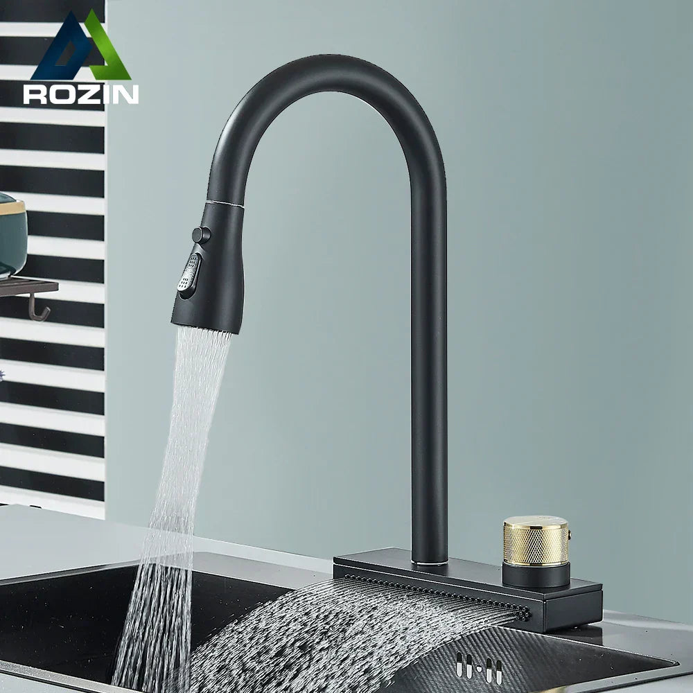 DecorBites™ Black Rainwater Kitchen Faucet Flexible Pull Out 3 Way Nozzle Mixer Tap
