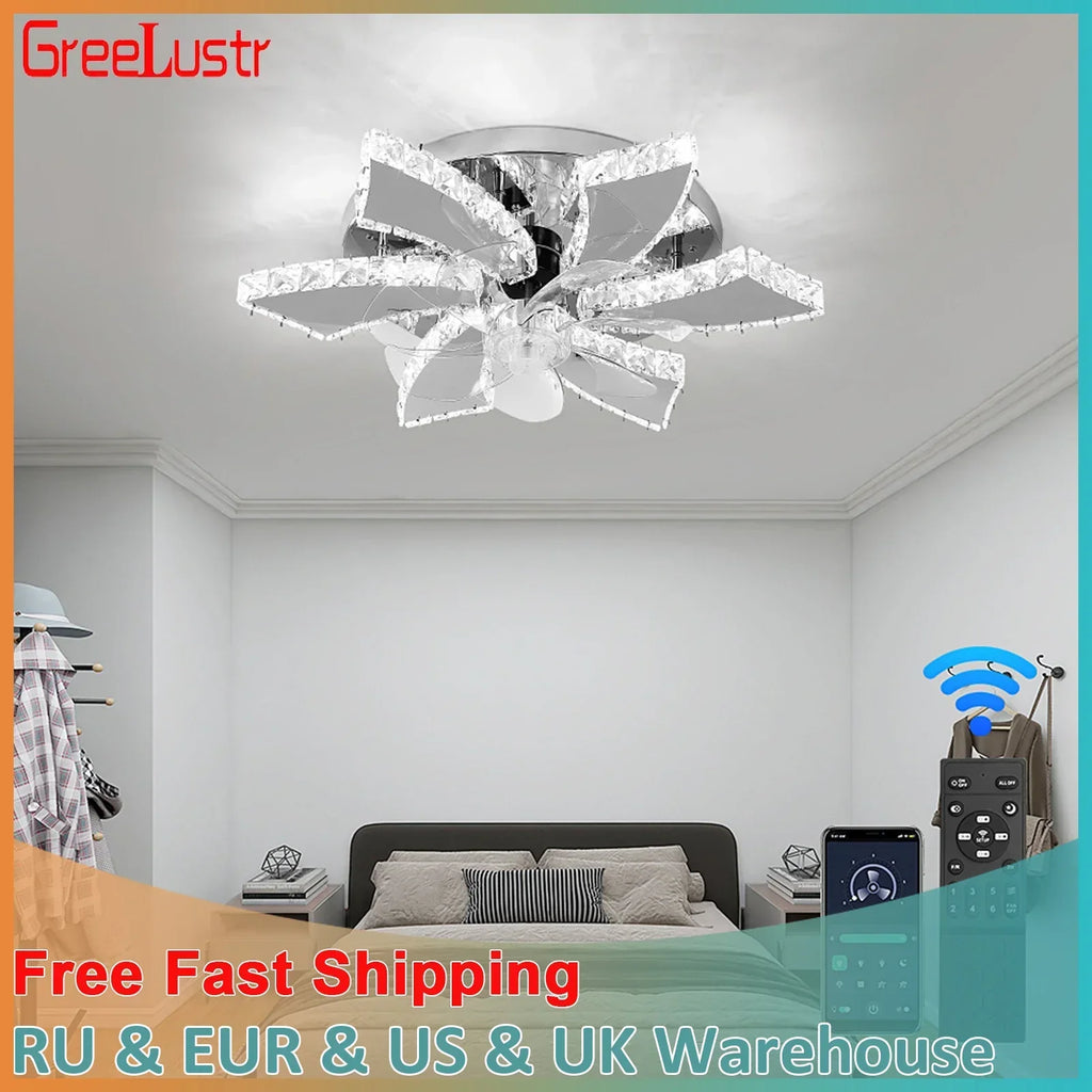 DecorBites™ Crystal Ceiling Fan: LED Remote Control Chandelier for Bedroom & Living Room