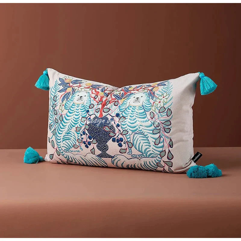 DecorBites™ Blue Lion Dog with Lemon Trees Lumbar Pillow Cover- GG Style Inspire