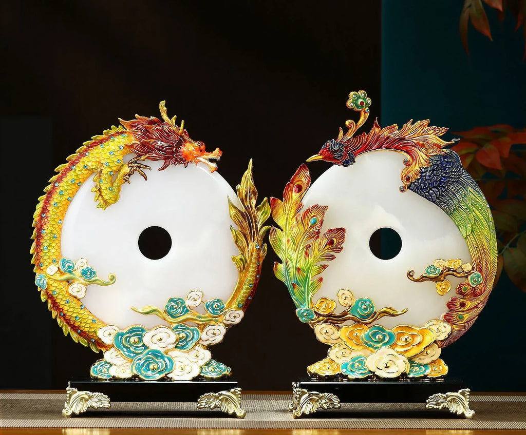 "DecorBites™ Jade Dragon Phoenix Ornament Enamel Living Room Decoration"