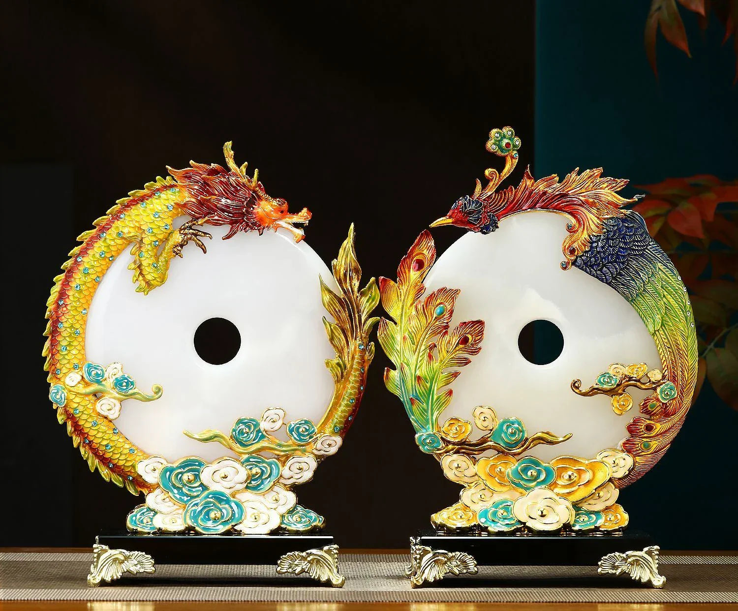 "DecorBites™ Jade Dragon Phoenix Ornament Enamel Living Room Decoration"