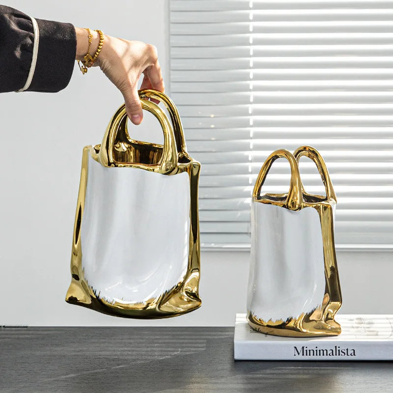 DecorBites™ Gold Handbag Vase: Creative Ceramic Floral Arrangement Terrarium Home Decor