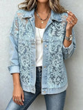 2026 New Women Lace Spliced Denim Jacket Loose Casual Lapel Long Sleeve Single Breasted Short Coat Fashion Streetwear Outerwear