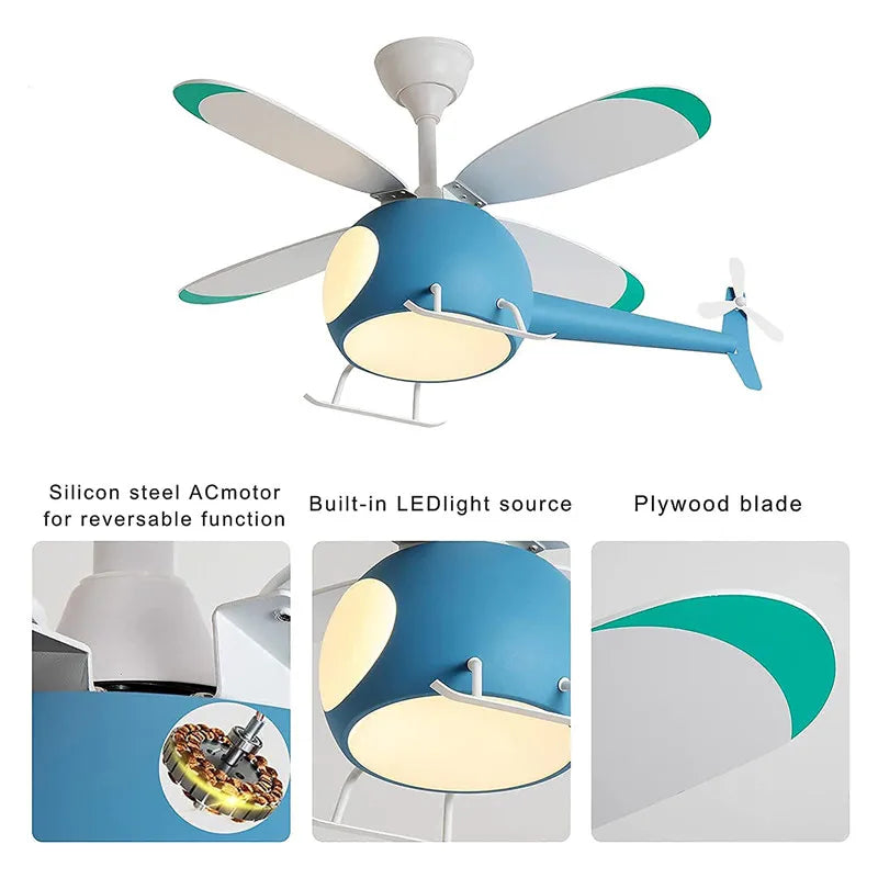 DecorBites™ Aircraft LED Chandelier Ceiling Fan Light Remote Dimming Kids Room Bedroom Decor