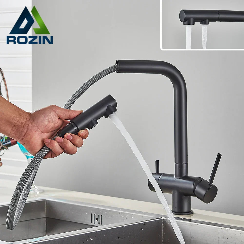 DecorBites™ Black Pull Out Water Purifier Faucet: 2-in-1 Hot Cold Mixer Tap