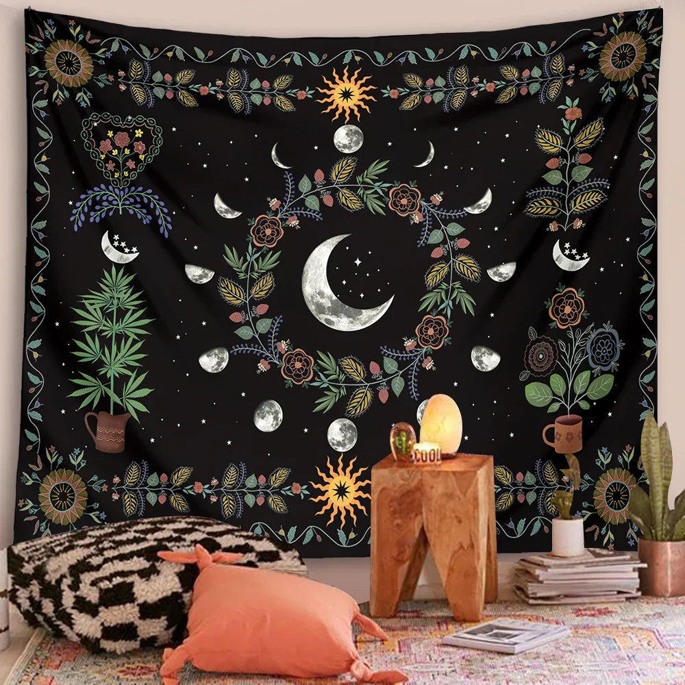 DecorBites™ Celestial Moon Phase Floral Tapestry Wall Hanging