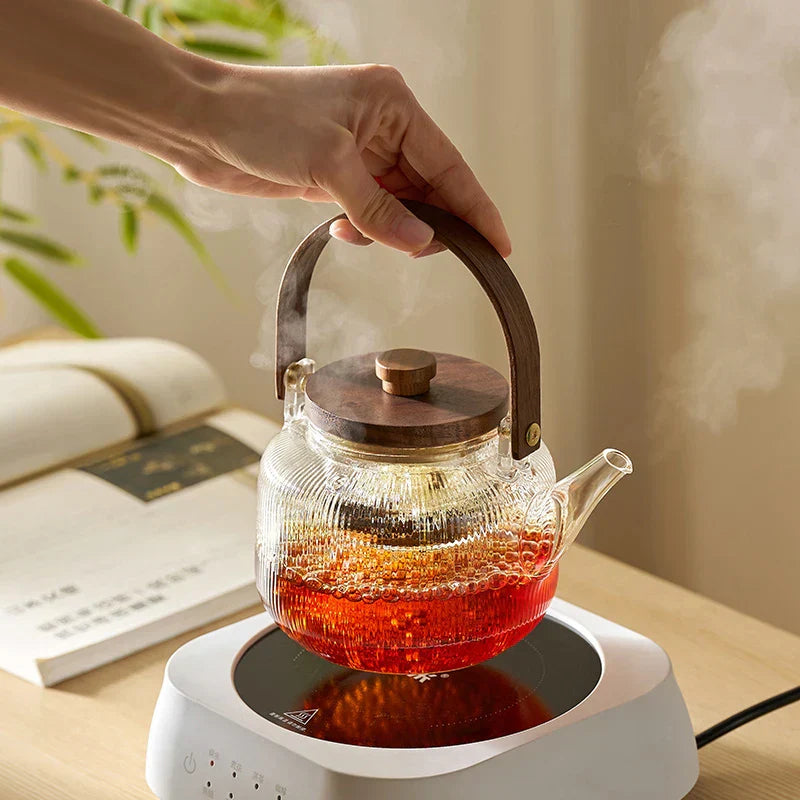 DecorBites™ Glass Teapot Set with Wooden Handle and Cover