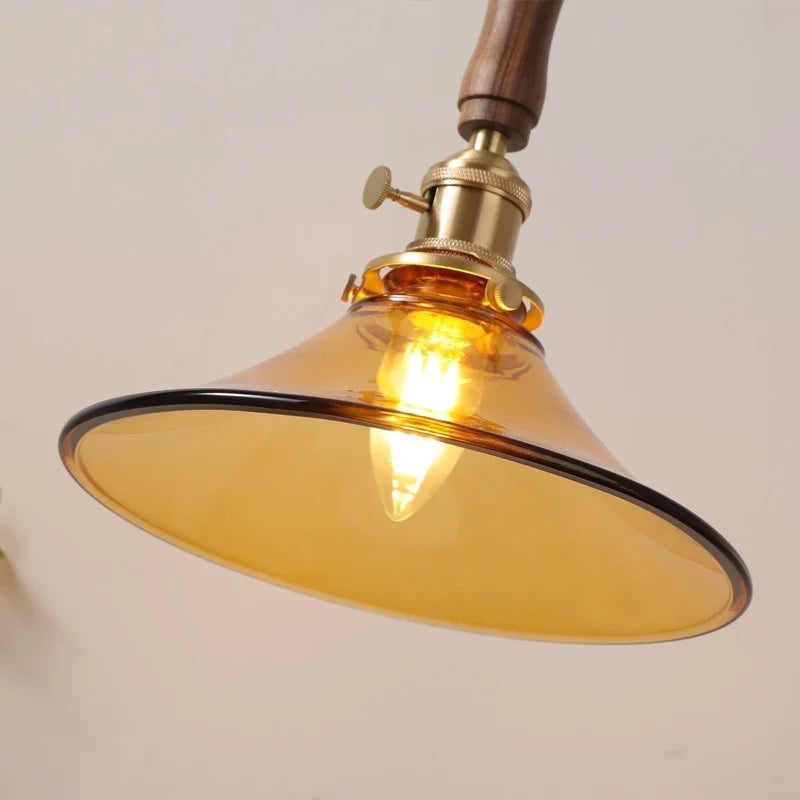 DecorBites™ Amber Glass LED Pendant Light with Walnut Handle for Dining Living Room