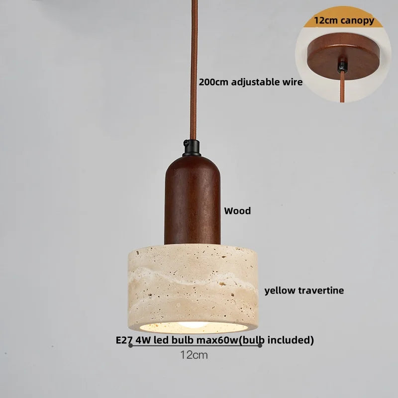 DecorBites™ LED Pendant Lamp Yellow Travertine Stone Wood Nordic Modern Hanging Light