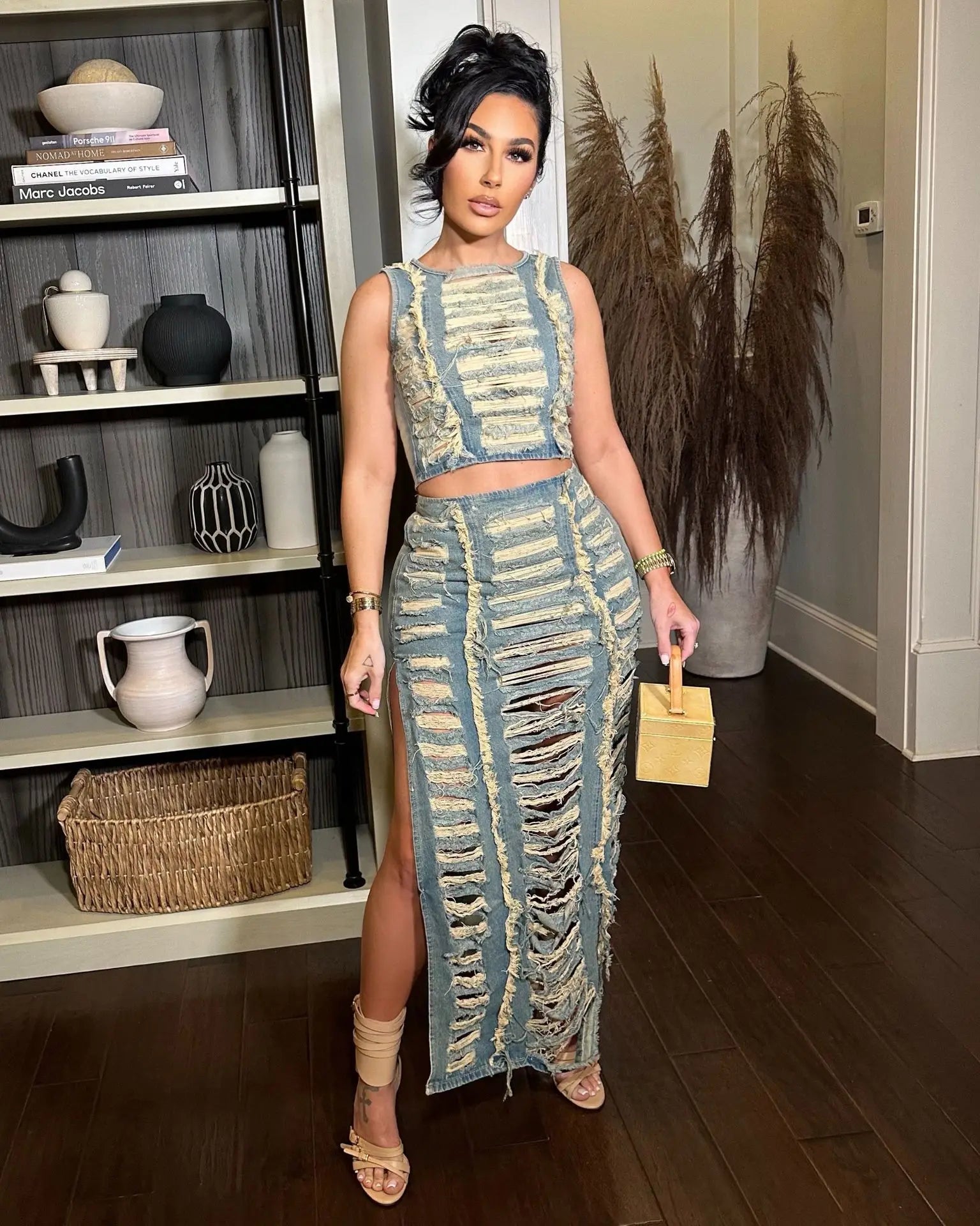 Women Sleeveless Crop Tank Tops and Split Side Maxi Skirt Streetwear Outfits Elegant Ripped Hole Denim Two 2 Piece Dress