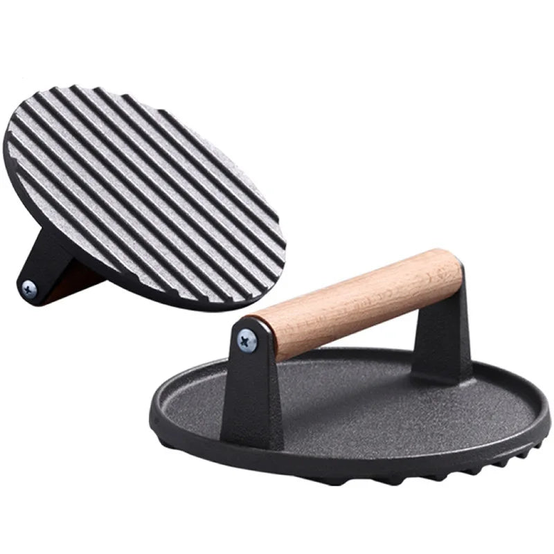 DecorBites™ Cast Iron Steak Press Plate with Wooden Handle - Kitchen Barbecue Tool