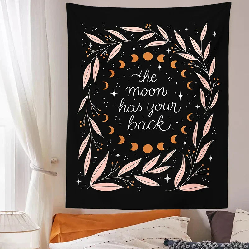 DecorBites™ Botanical Olive Leaf Moon Phase Wall Hanging Tapestries - Black Psychedelic Home Decor