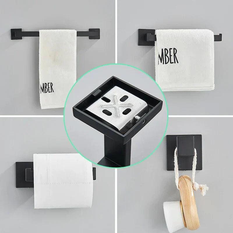 DecorBites™ Black Bathroom Hardware Set: Robe Hook, Towel Rail, Shelf, Tissue Holder