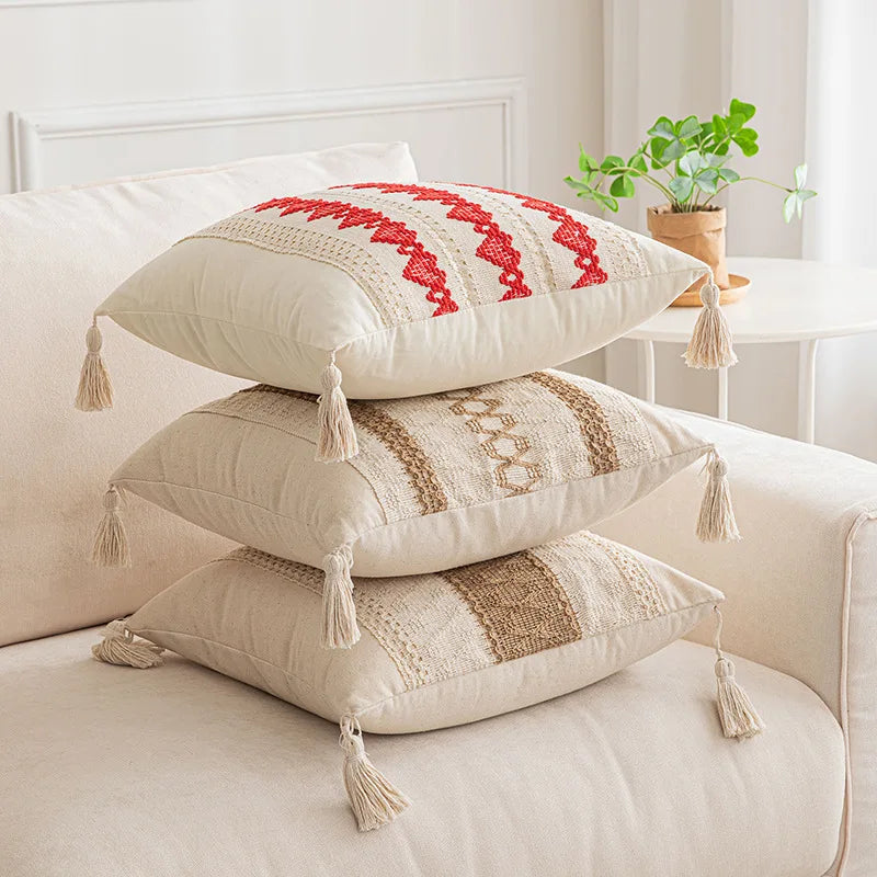 DecorBites™ Boho Geometric Tassel Cushion Cover Cotton Linen Crochet Pillowcase