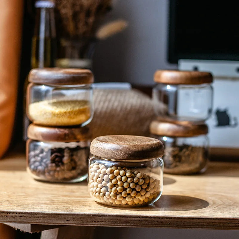DecorBites™ Acacia Wood Lid Clear Glass Storage Jar 300ml Dry Food Snacks Candy Spice Jar