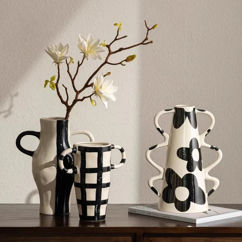 DecorBites™ Geometric Check Pattern Ceramic Vase with Handle for Home Decoration