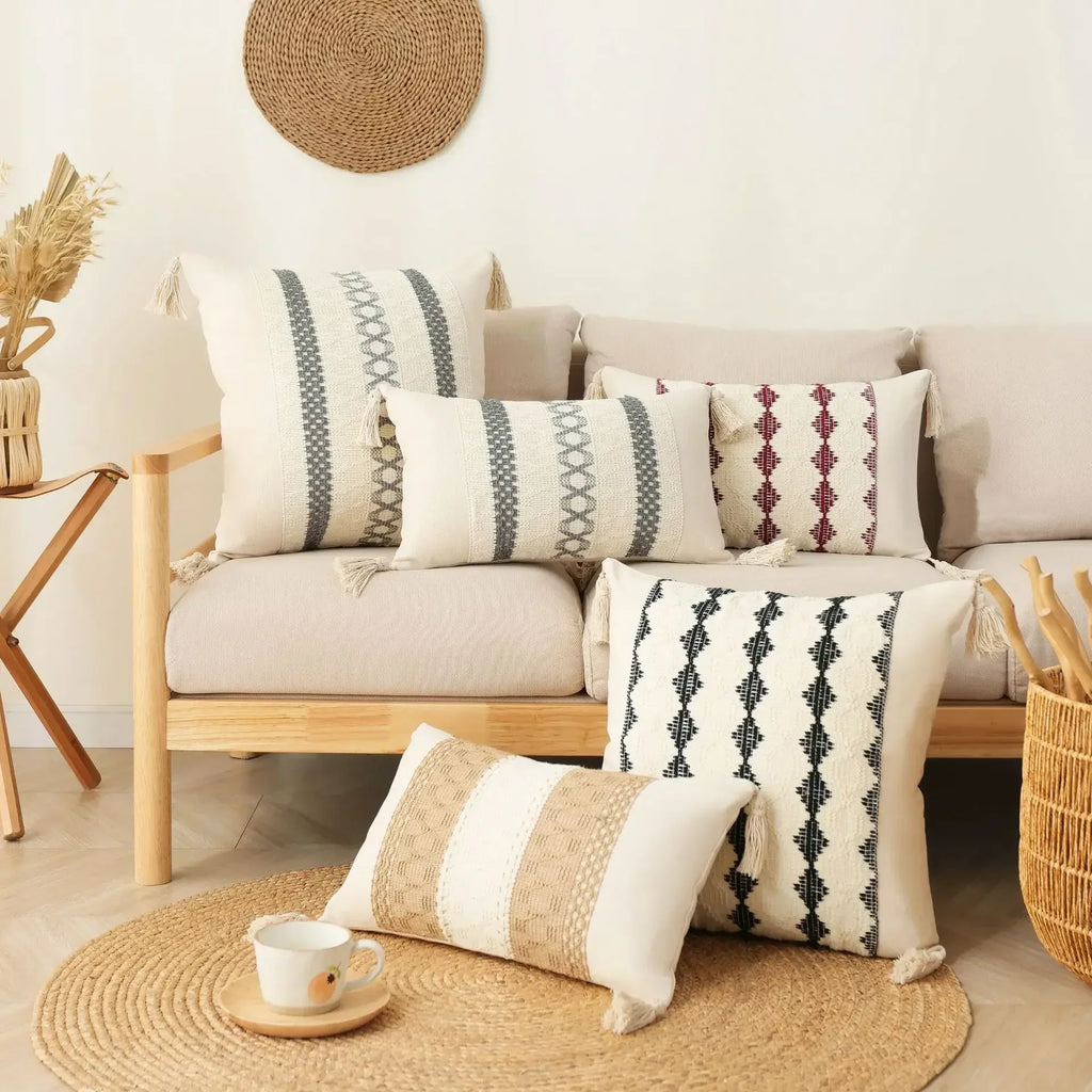 DecorBites™ Bohemian Tassel Cushion Cover: Handmade Geometric Crochet Pillowcases
