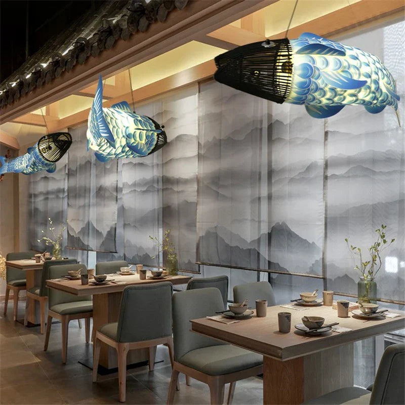 DecorBites™ Bamboo Fish Pendant Light: Chinese Style Chandelier for Modern Living Room Decor