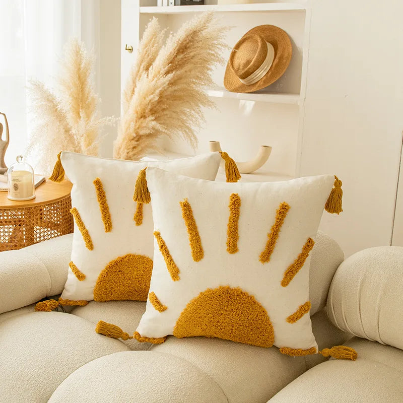 DecorBites™ Golden Yellow Geometric Tufted Tassel Cushion Cover - Modern Boho Home Decor