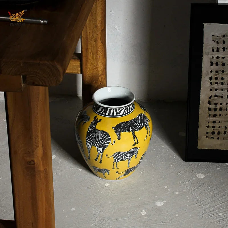 DecorBites™ Zebra Yellow Vase with Artificial Flowers for Desk Decoration