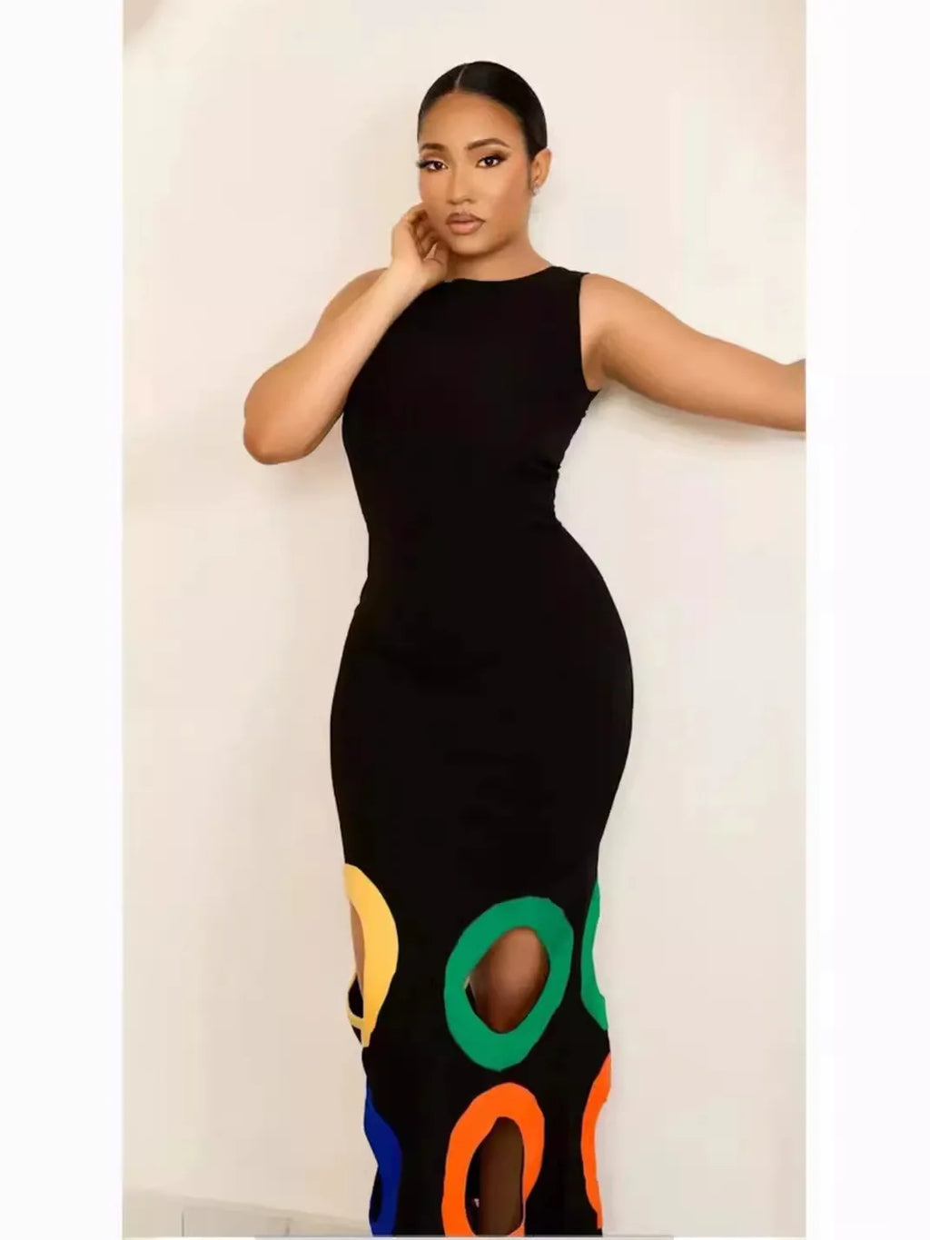 Summer O Neck Sleeveless Patchwork High Waist A Line Party Dresses For Women Black Colorful Hollow Out Maxi Dress