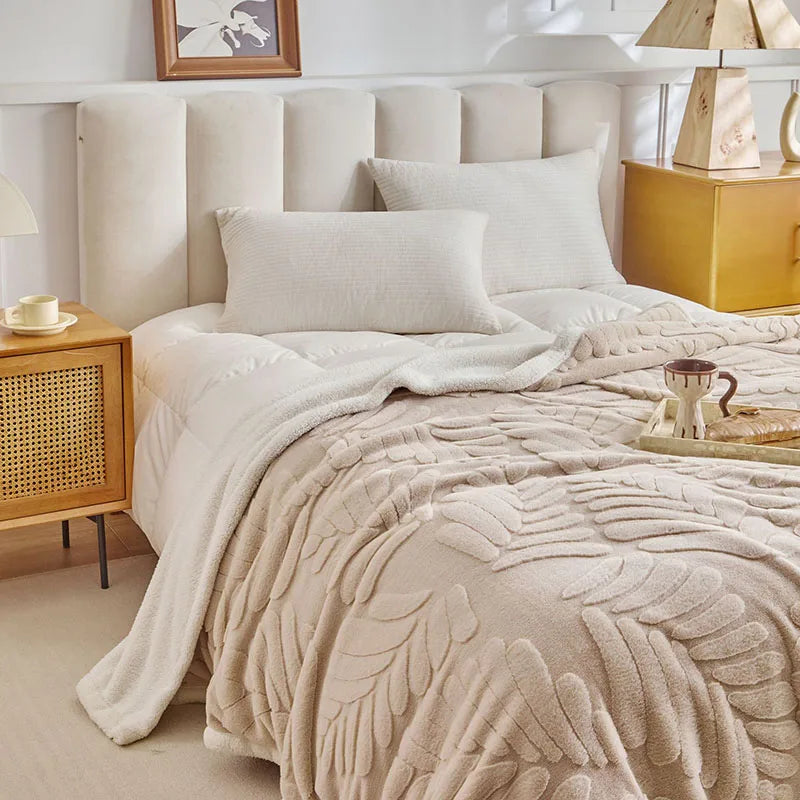 DecorBites™ Banana Leaf Jacquard Faux Rabbit Fur Double Layer Lamb Bedspread