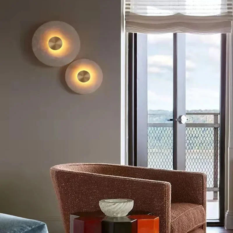 DecorBites™ LED Marble Brass Wall Sconce: Modern Art Deco Round Light for Parlor & Aisle