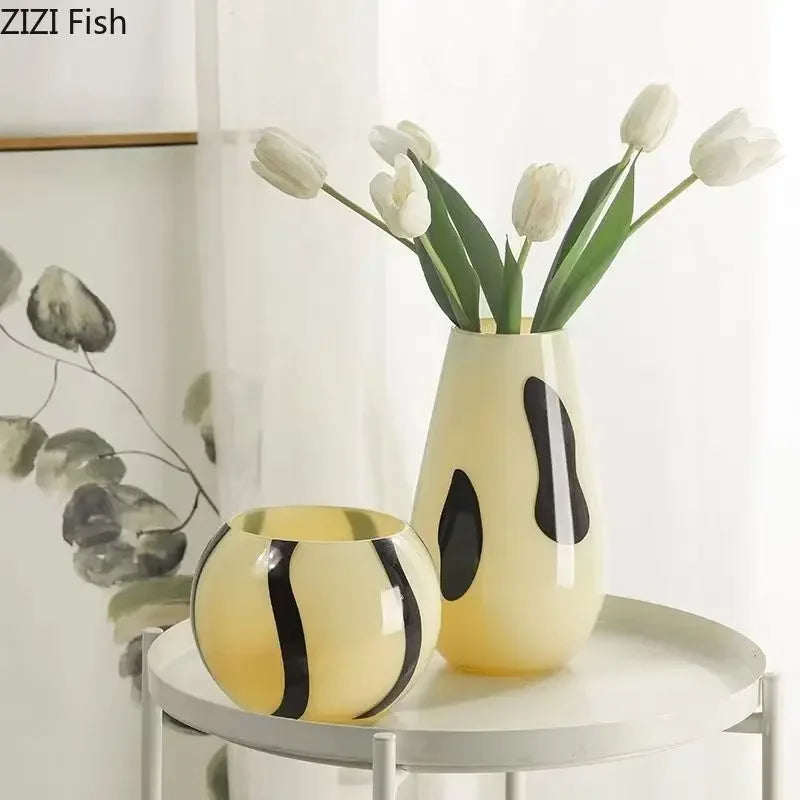DecorBites™ Black Stripes Glass Vase Desk Decoration Artificial Flowers Pots Aesthetic Room Decor