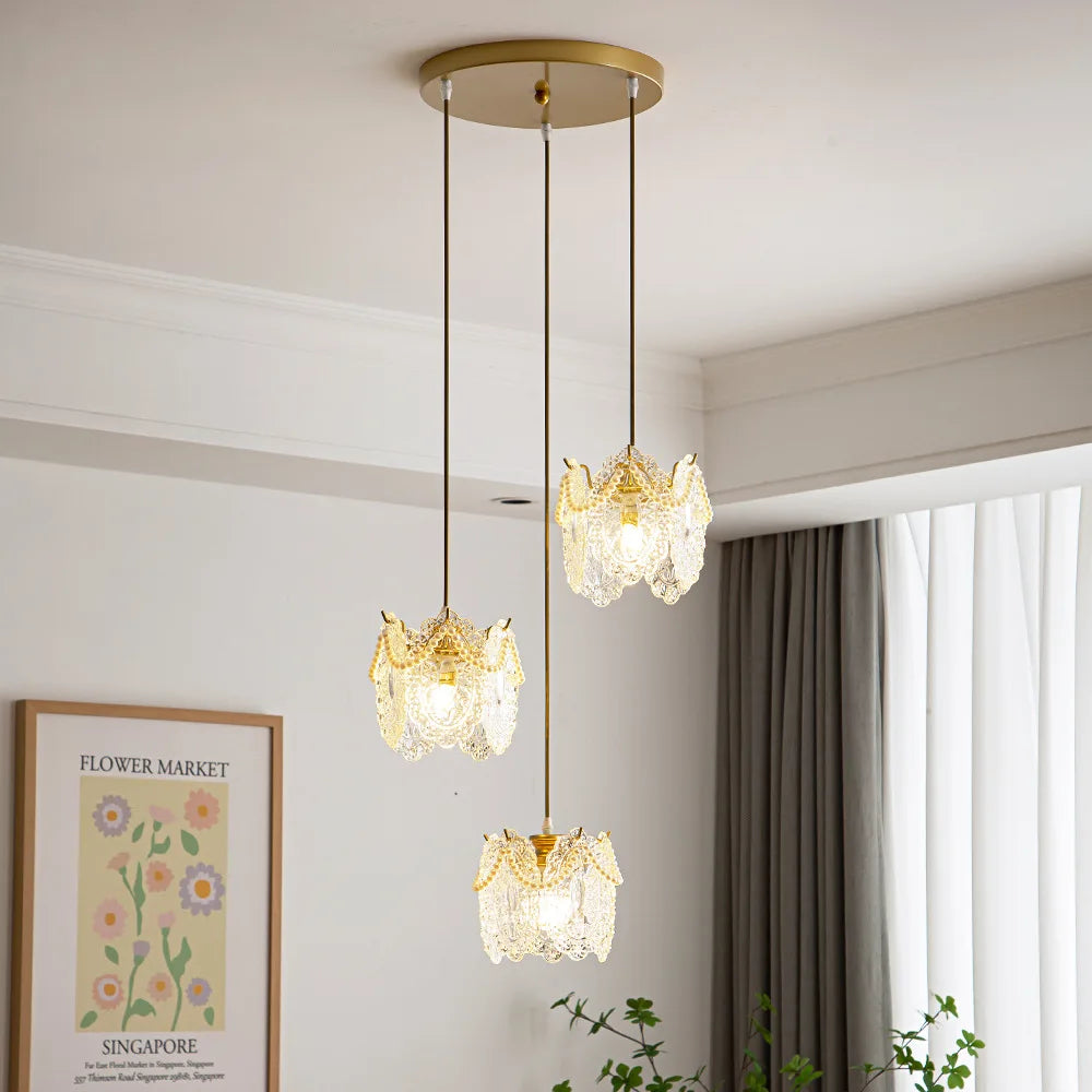 DecorBites™ Carved Glass Pearl Chandelier for Dining Room, Living Bedroom, Study, Balcony - LED Pendant Lighting