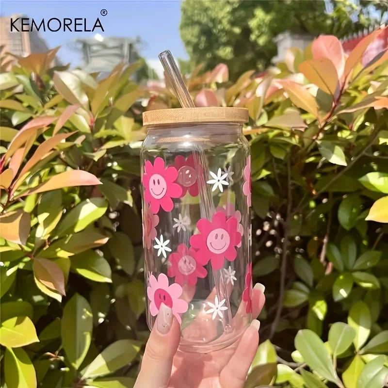 DecorBites™ 470ML Pink Smiling Flower Theme Beverage Glass - Set of 1/2/4