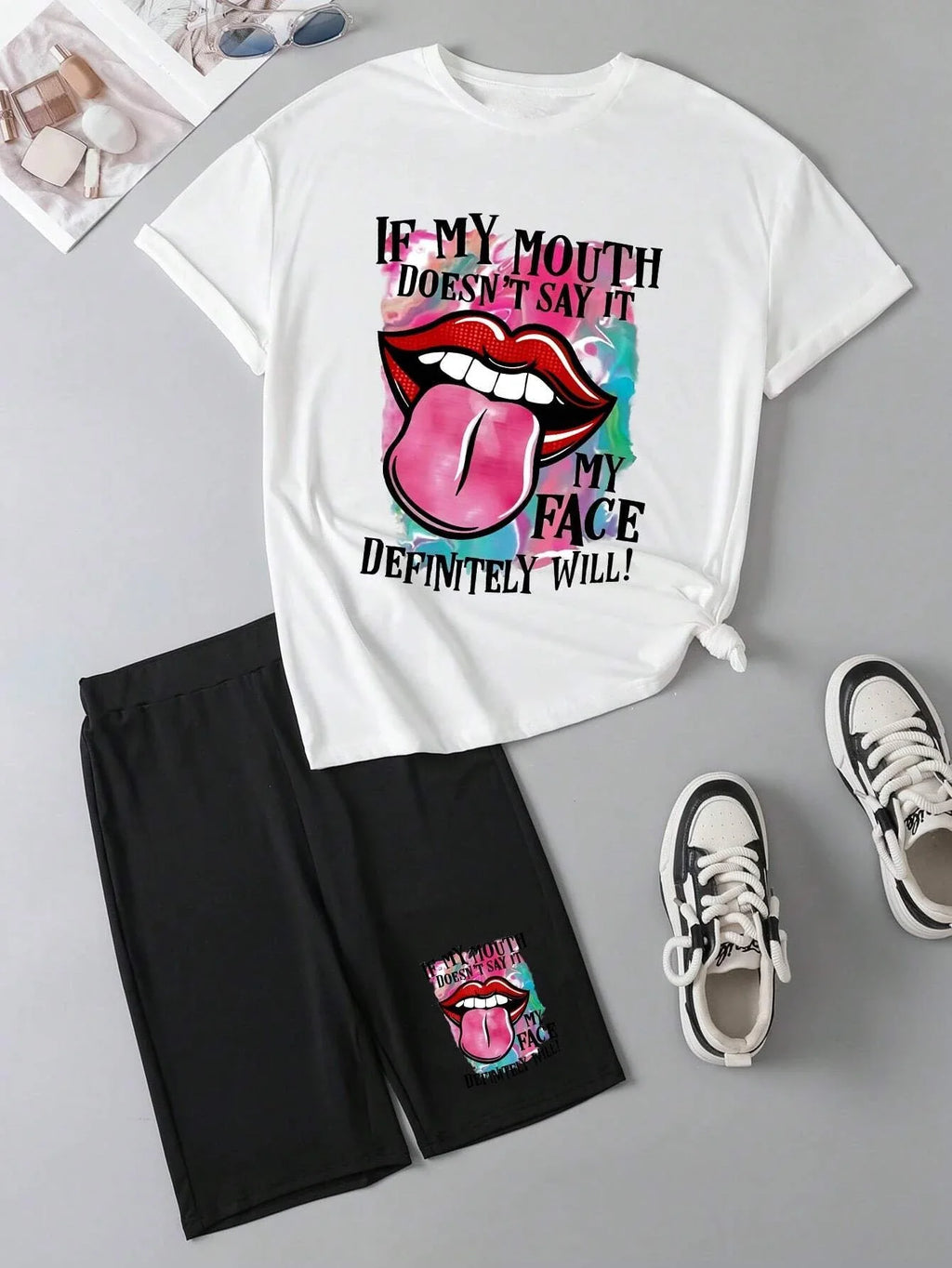 My Mouth Doesn'T Say It Printing Women T Shirts Two Piece Set Fashion Novel Short Sets New Summer Breathable Shirt Shorts Female
