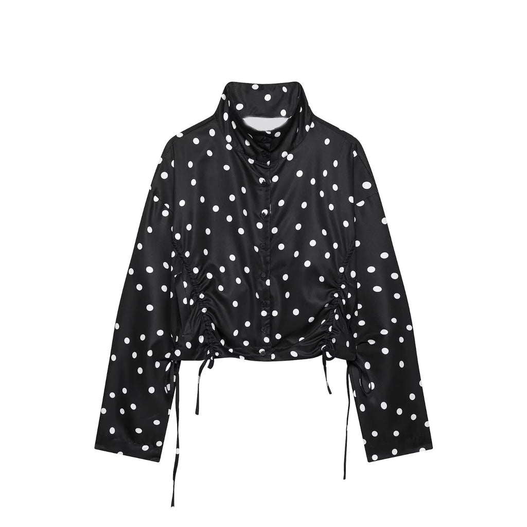 Women's Polka Dots Jacket with Tie New 2026 Spring Long Sleeve High Collar Loose Women Versatile Short Coats Chic Female Jackets