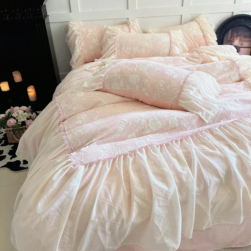 DecorBites™ Lace Ruffles Velvet Princess Bedding Set: Duvet, Sheet, Pillowcases