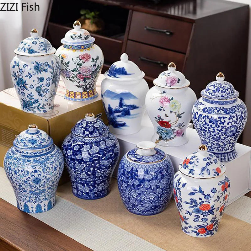 DecorBites™ Blue White Porcelain Tea Canister Organizer Box Coffee Container Caddy Jar