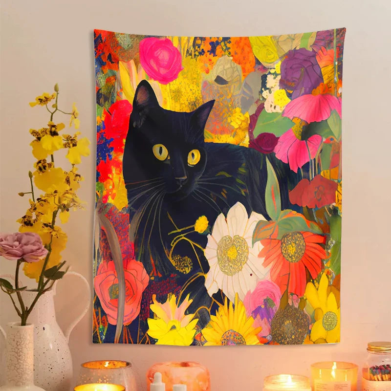 DecorBites™ Cat Print Poster: Funny Black Cat in Floral Bouquet - Boho Home Decor