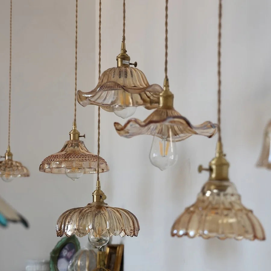 DecorBites™ Amber Flower Glass LED Pendant Light - Modern Nordic Copper Switch Hang Lamp