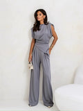 Casual Solid Color Two Piece Set Woman Outfit 2025 Summer Fashion Slim High Waist Tops And Trousers Pant Sets Suit