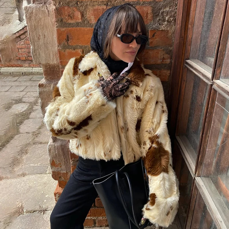Neo Mint Chic Street Girls Cow Print Fur Coat Women 2025 Winter New Brand Fashion Warm Faux Fur Jacket Autumn Iconic Streetwear