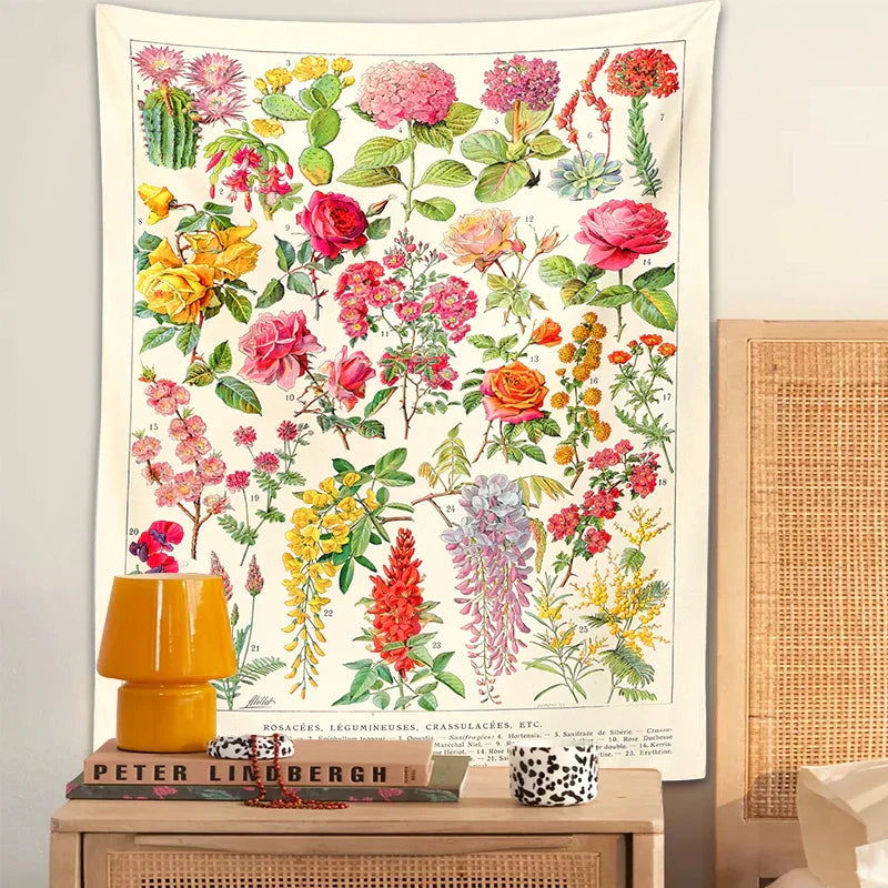 DecorBites™ Botanical Floral Tapestry Wall Hanging Garden Flower Illustration Cactus Boho Hippie Dorm Decor