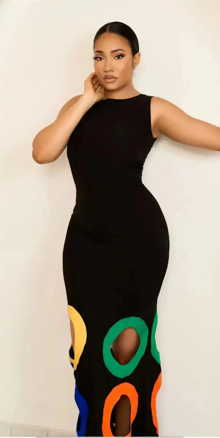Summer O Neck Sleeveless Patchwork High Waist A Line Party Dresses For Women Black Colorful Hollow Out Maxi Dress