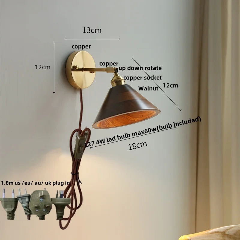 DecorBites™ LED Walnut Wood Wall Lamp Pull Chain Switch Modern Indoor Light